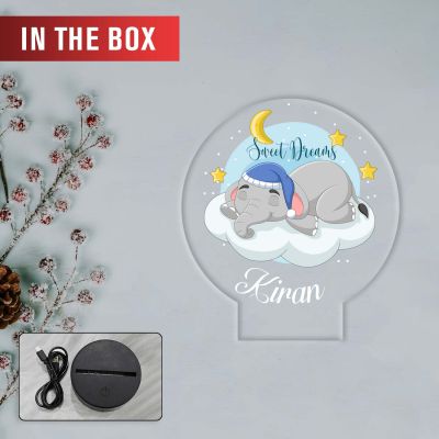 Personalized Sweet Dreams Elephant LED Night Light with Color Changing Nursery Decor with Moon and Stars Theme Bedside Kids Room Desk Table Lamp